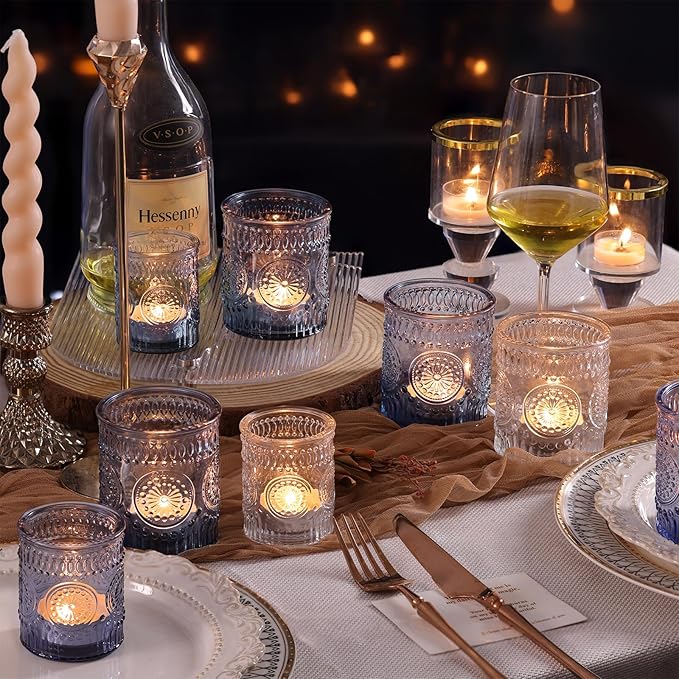 Volens 20pcs Assorted Blue Votive Candle Holders with 20pcs Tealight Candles, Large Glass Votive & Tea Light Candle Holder for Wedding Table Centerpieces, Christmas Party Decorations, Fall Home Decor