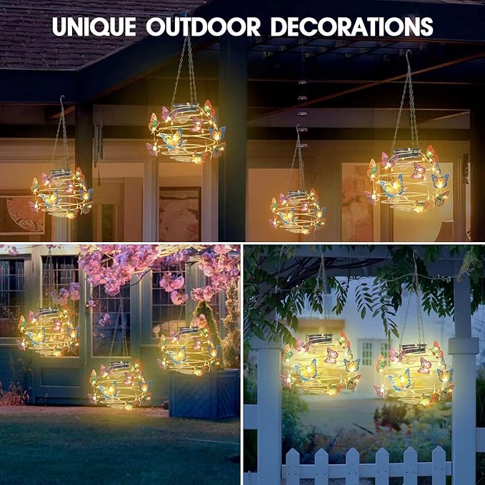 2 Pack Butterfly Solar Lights Outdoor Hanging Lantern with Handle, Solar Powered Butterflies Garden Decor for Outside Patio Yard Porch Pathway Butterfly Gifts for Women (Warm White LED Lights)