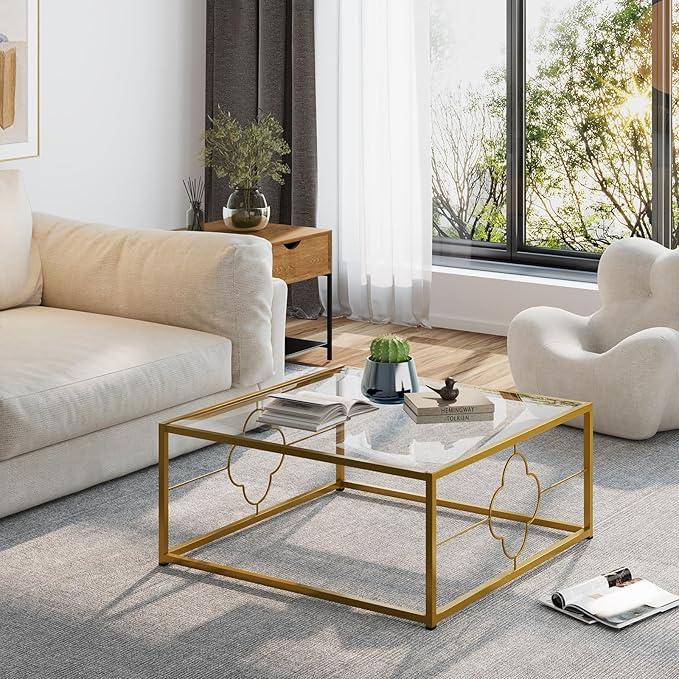 Coffee Table Modern Center Table,Glass Minimalist Square Coffee Table Tea Table for Living Room,Tempered Glass-top with Sturdy Metal Frame, Easy Assembly,26.4 x 26.4 x 15.7 Inches, Gold