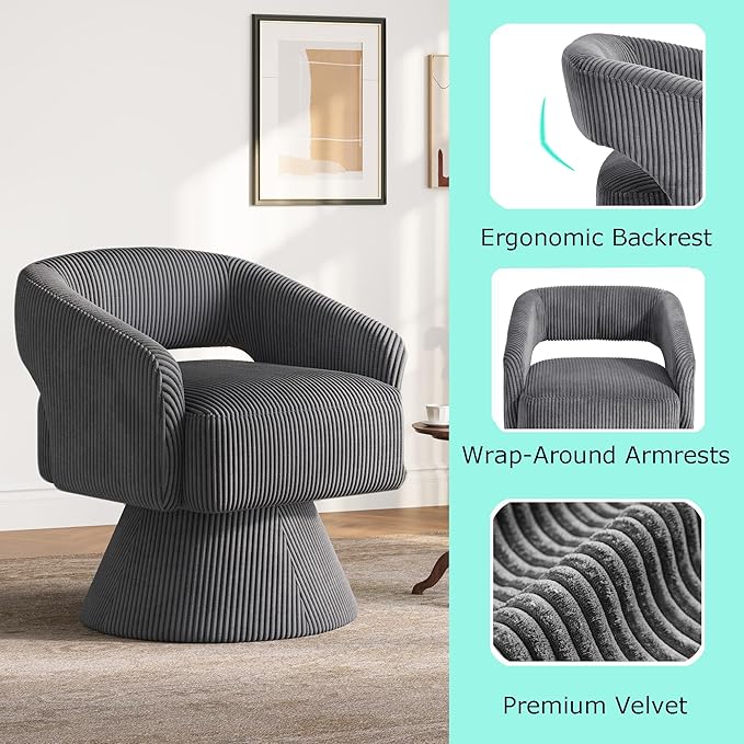 LINSY Swivel Barrel Chair, 360° Modern Swivel Accent Chair with Arms, Boucle Swivel Chair Gray Corduroy Chairs for Bedroom Living Room Small Spaces