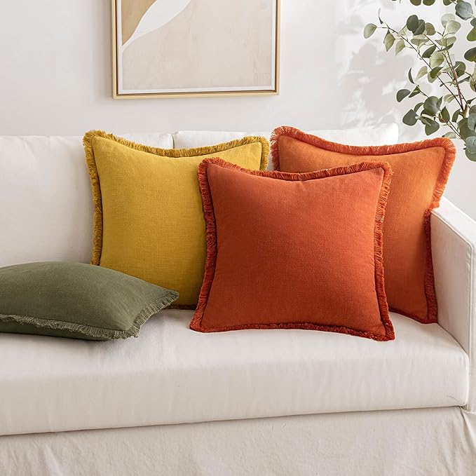 MIULEE Decorative Throw Pillow Covers Neutral Linen Fringe Throw Pillows Euro Shams Set of 2 Orange Boho Farmhouse Cushion Covers for Couch Sofa Bed Living Room Spring Home Decor 22x22 Inch