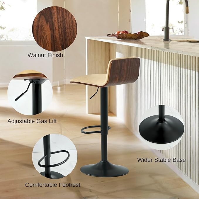 Set of 3 Swivel Bar Stools Adjustable Height, Faux Leather Barstools with Wooden Back and Footrest, Counter Height Bar Height Chairs for Kitchen Island, Dining Room, Beige