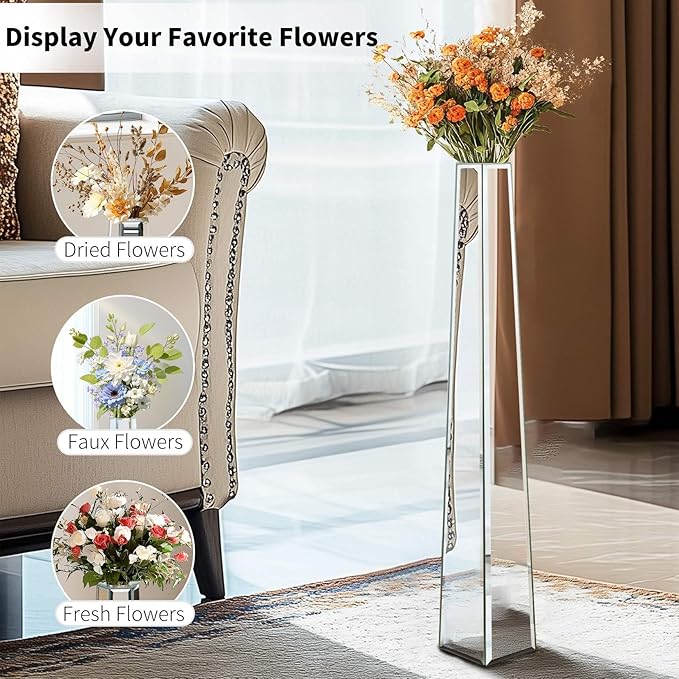 Tall Mirrored Floor Vase: 30.3 High Silver Mirror Vase with Hexagonal Shape, Large Floor-Standing Bling Decor for Living Room Wedding Centerpieces, Won't Hold Water