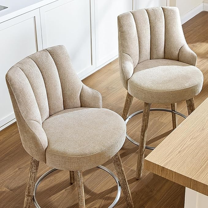 IWOOD Counter Height Bar Stools,Swivel Bar Stools with Backs,Barstools Set of 2,26'' Solid Wood Legs,Thick Seat Upholstered Linen Fabric Counter Height Stools in Sand