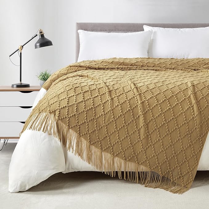 BOURINA Mustard Throw Blanket 50 x70 Inches Jacquard Argyle Throw Textured Solid Soft Throws and Blankets for Sofa or Bed Knitted Decorative Blanket