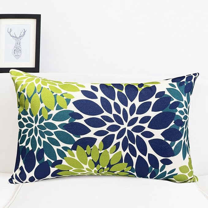 Decorative Throw Pillow Covers Set of 2 Blue Green Pillow Covers 12x20 Inch Couch Pillow Covers for Sofa Living Room Outdoor Throw Pillow Cover Linen Floral Flower Farmhouse Pillowcase