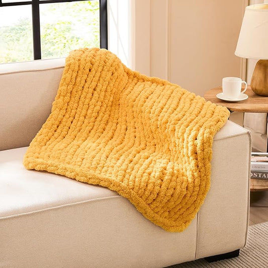 L'AGRATY Chunky Knit Blanket Throw - Soft Chunky Throw Blanket 30x40: 100% Hand Kintted Chenile Crochet Throw Blanket for Couch - Large Cable Knit Chunky Blanket for Home Decor(Mustard Yellow)
