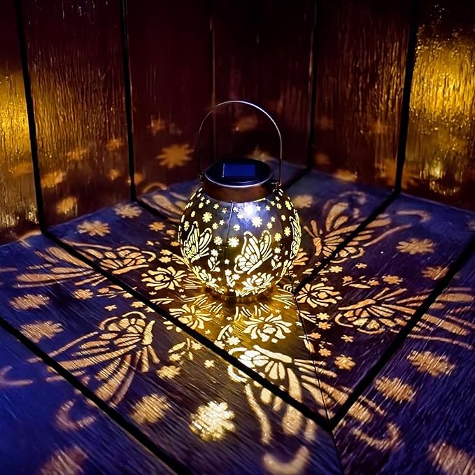 Outdoor Solar Hanging Lantern Lights Metal LED Decorative Lamp for Garden Patio Courtyard Lawn and Table with Hollowed-Out Design (Bronze Butterfly)