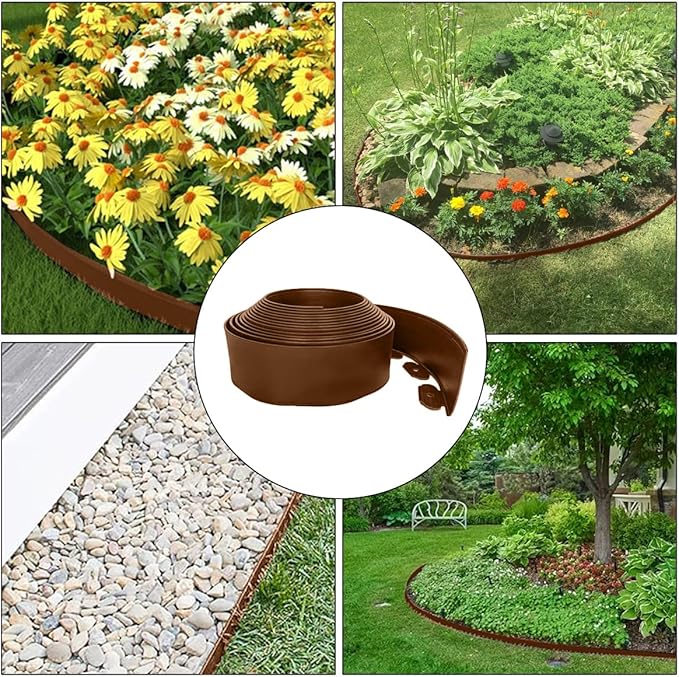 33FT Landscape Edging, 4 in Tall Garden Edging Borders,Flexible Lawn Edging with 30 Spikes,Plastic Edging Border for Garden, Flower Beds, Pavement-Brown