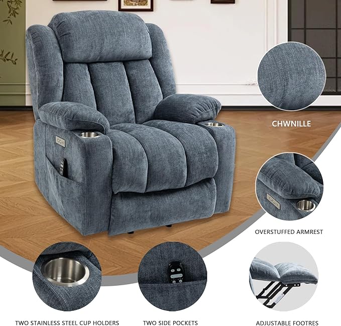Power Lift Recliner Chair, 350lb Capacity with 8-Point Massage & Heating, USB/Type-C Ports & Cup Holders, Heavy Duty Chenille Recliner for Elderly, Blue Grey