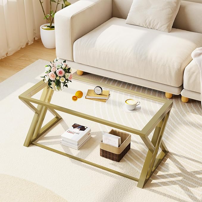 Coffee Table Gold Glass Coffee Table for Living Room,Modern Rectangular Center Table with Sturdy Metal Frame,Tempered Glass Table Tea Tables for Bedroom Home Office