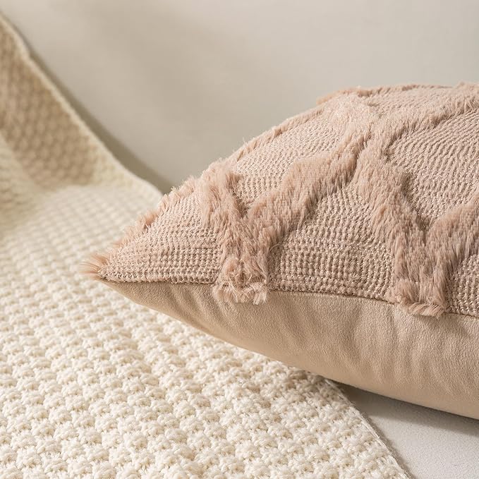 Set of 2 Soft Moroccan Throw Pillow Covers 20x20 Inch Plush Boho Decorative Pillow Cover Accent Cushion Case for Couch Sofa Bed, Light Brown