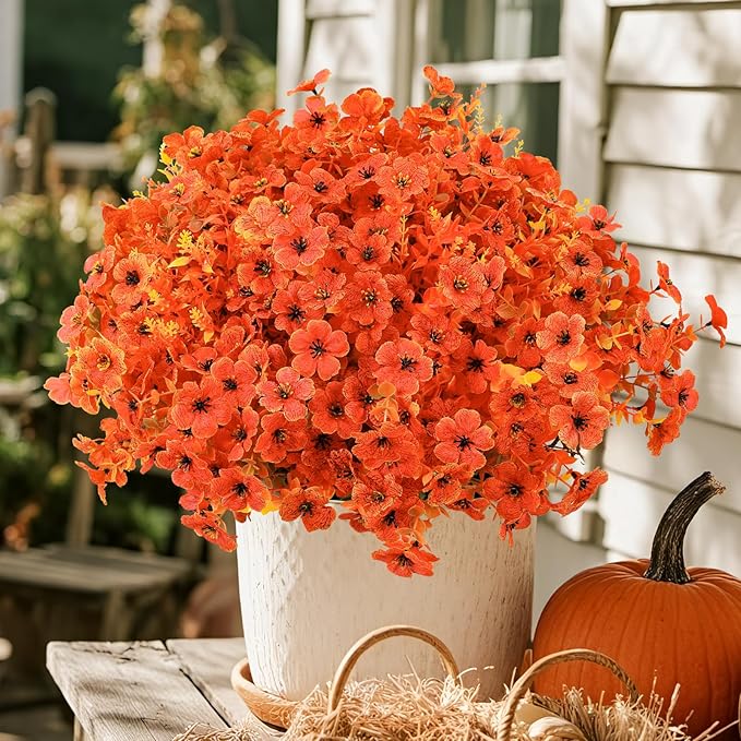 SHareconn 48 Bundles Artificial Fall Flowers for Outdoors Decoration,UV Resistant Silk Eucalyptus Lavender Faux Autumn Fake Plants for Outside Indoor Garden Yard Porch Home Decor,SunsetRedAutumnColour