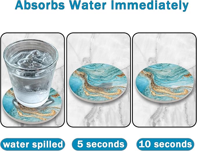 Dooke Coasters for Drinks, Round Absorbent Ceramic Stone Coasters Set of 6 with Cork Base,Funny Coaster with Holder for Cold Drinks Wine Mugs and Cups Tabletop Protection, 4 Inches,Teal Marble