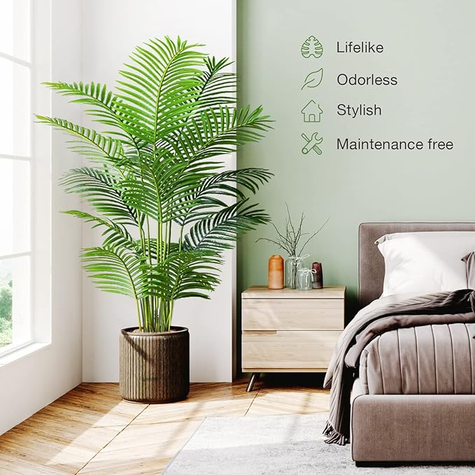Worth Garden 6ft Artificial Areca Palm Plant 2 Packs in Pot, Fake Cane Palm Silk Tree Indoor Outdoor, Dypsis Lutescens, 70in Lifelike Faux Silk Plant Home Decor, Black Pot & 20g Dried Moss Included