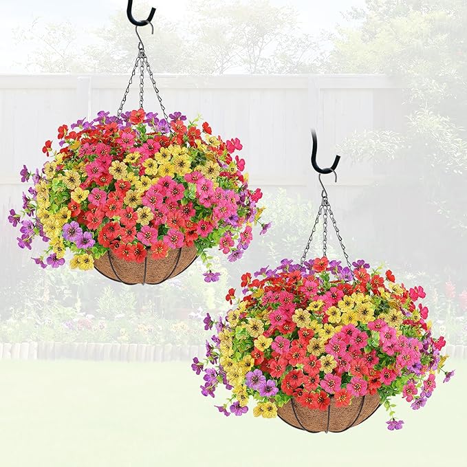 Artificial Flowers Hanging Plants in Basket,Artificial Hanging Flowers for Outdoor Indoor Decor,UV Resistant Hanging Baskets with Fake Flowers for Patio Garden Porch Deck Decoration
