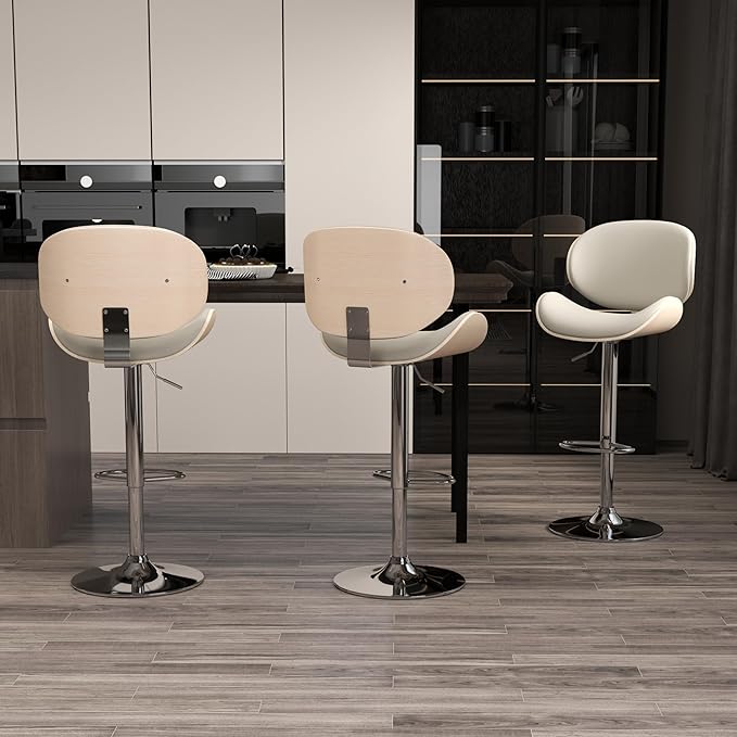KCC Bar Stools Set of 3, Swivel Adjustable Height Barstools, PU Leather Upholstered Bar Chairs with Footrest, Bentwood Bar Stool for Kitchen, Bar, Dining Room(Grey PU)