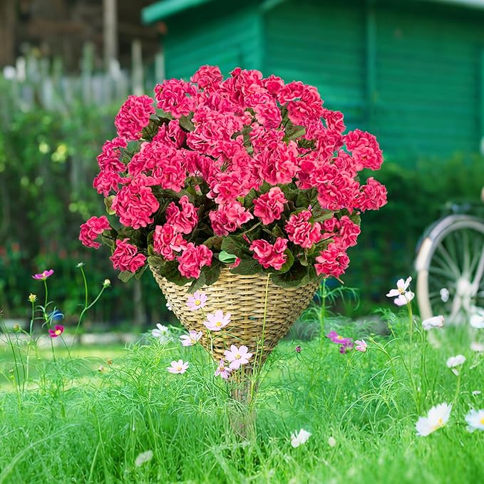 Plastic Flowers for Outdoors Home Decor Fake Plants Artificial Flowers Artificial Geraniums Outdoor Fake Flowers Silk Bouquet Fall Decoration Interior Porch Garden Decor 14.4"(Rose Red) 8PCS