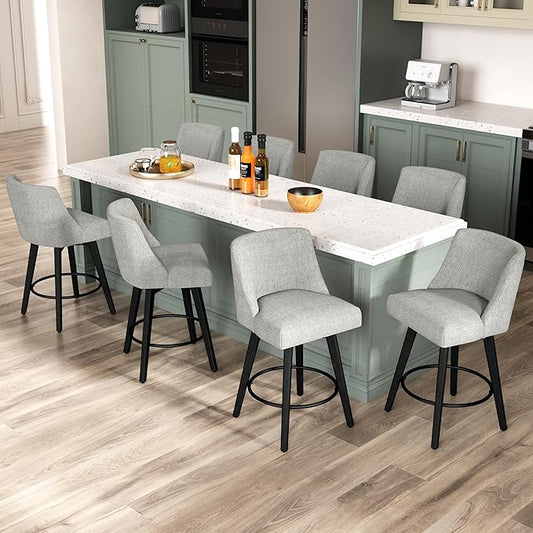 Counter Height Bar Stools Set of 8, Modern Swivel Barstools with Back and Wood Legs, Linen Fabric Upholstered Bar Chairs, 26" H Kitchen Counter Stools, Kitchen Island Home Bar, Light Grey
