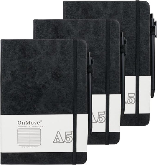 Notebooks Journal for Women Men 3 Pack Bulk Leather Hardcover with Pen Holder A5 160 Pages 100 GSM Thick Paper for Work School Lined Black