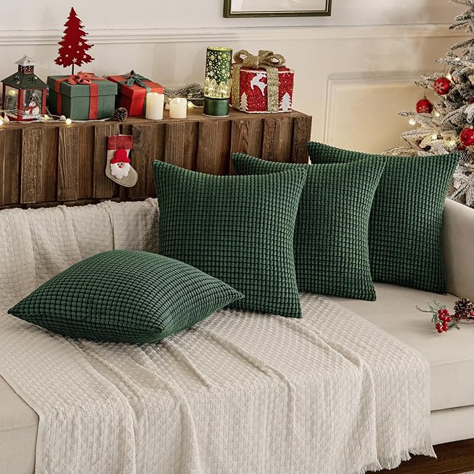 MIULEE Boho Farmhouse Throw Pillow Covers 20x20 Inch Set of 4 Soft Neutral Covers Christmas Dark Green Corduroy Couch Pillowcases Home Decor for Sofa Living Room Bed