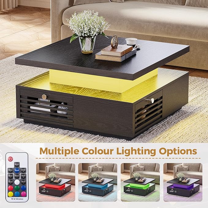 IRONCK Coffee Table with LED Light and Charging Station, 4 Storage Drawers with Grille Design, Square Coffee Table for Living Room Office Reception Room (Black)