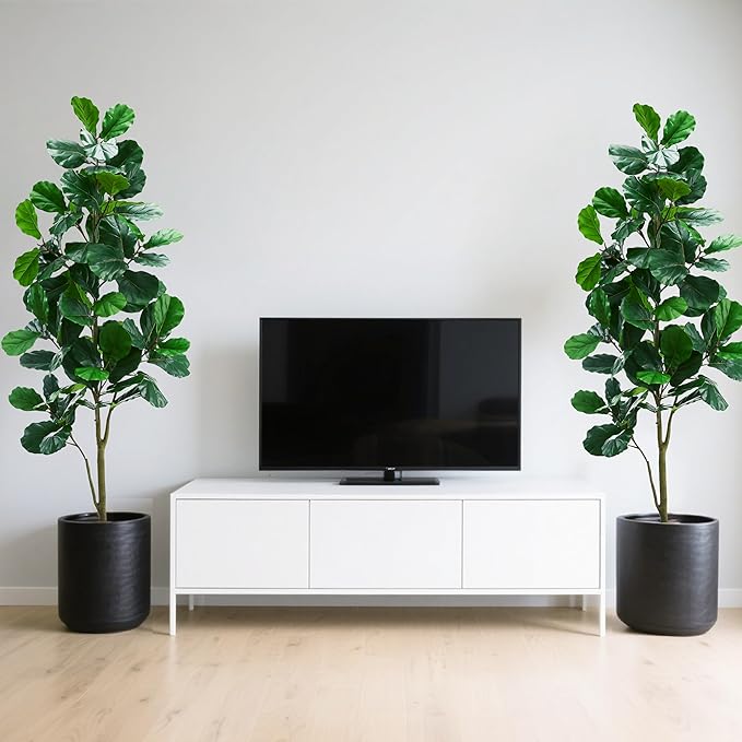 Artificial Fiddle Leaf Fig Tree：6FT Tall Faux Ficus Lyrata Plant Fake Fig Trees Realistic Green Silk Large Leaves with Natural Trunks & Pebbles in Black Planter for Indoor Outdoor Office Home.