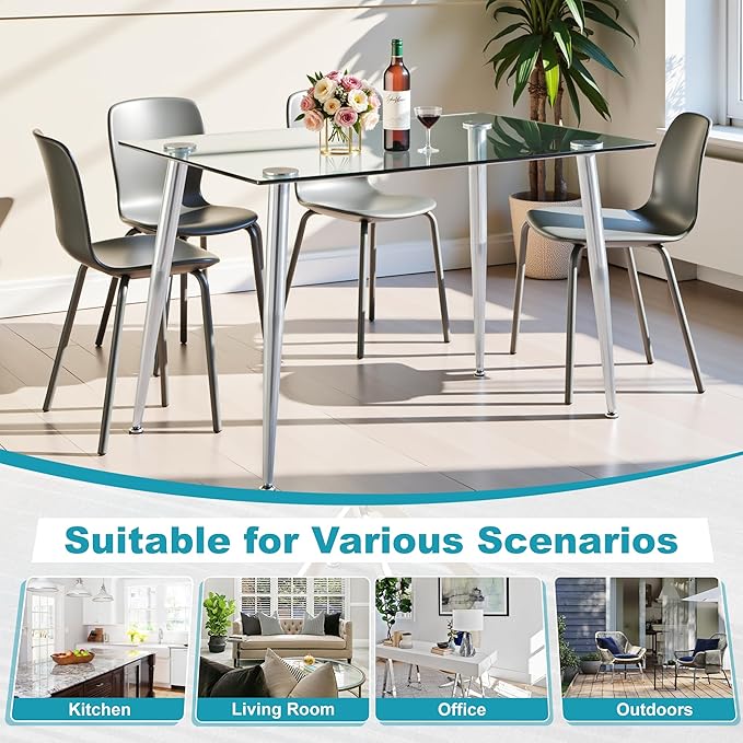 Dining Table for 6 Rectangular 47.2" Modern Glass Dining Table Kitchen & Dining Room Tables with Glass Tabletop and Metal Legs for Dining Room, Clear