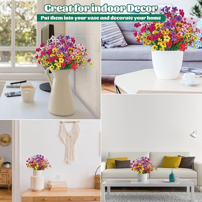 Lnoicy 12 Pcs Artificial Flowers for Outdoor,Plastic Flowers Decoration, UV Resistant Faux Flowers Shrubs, Artificial Plants for Indoor Outside Garden Home Wedding Farmhouse（6 Color）