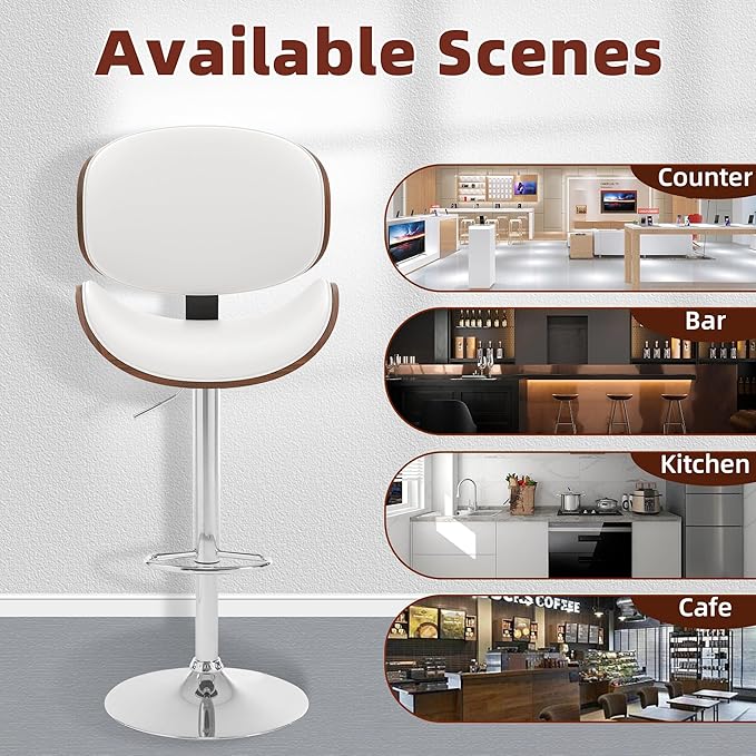 civama Bar Stools 1 PC for Kitchen Counter, Adjustable Bar Height Chairs, Modern Swivel Barstools with Bentwood Seat and Back with Footrest for Kitchen Island, Dining Room, White PU Leather