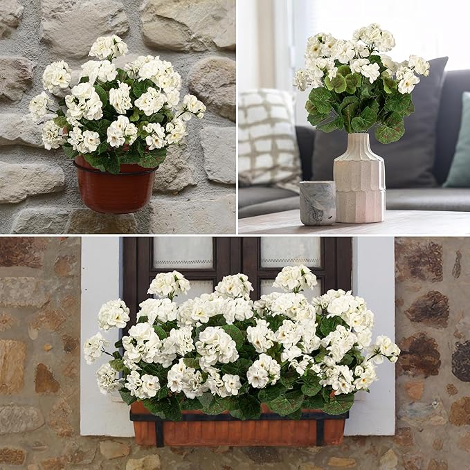 4PCS Home Decor Fake Plants Artificial Flowers Artificial Geraniums Outdoor Fake Flowers Artificial Flowers Fake Silk Bouquet, Fall Decor for Interior Porch Garden Decoration 14.4" (White)
