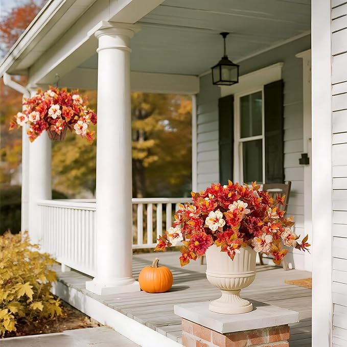 Artificial Fake Fall Hanging Flowers with Basket for Outdoors Decoration 3PCS Faux Fall Flowers for Outdoor Planters UV Resistant No Fade Silk Hibiscus for Home Porch Patio Garden Balcony Yard Decor