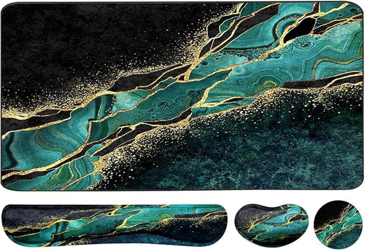 Keyboard Mouse Pad Set, Extended Mouse Pad+Keyboard Wrist Rest Support, Memory Foam Ergonomic Easy Typing, 3Pcs (35.4×15.7 in) Desk Pad Set for Home Office Study Game - Malachite Marble
