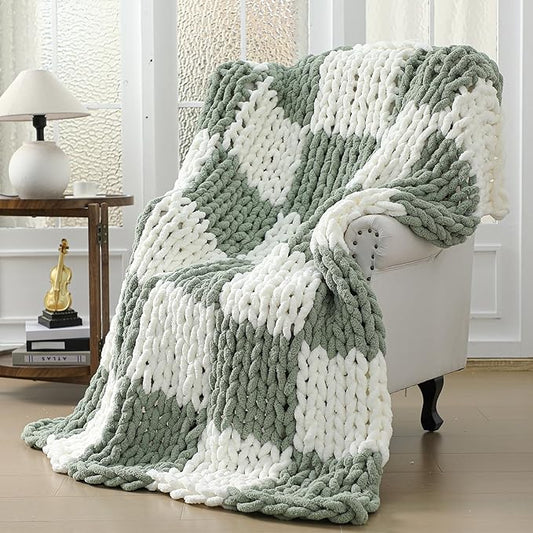 Tudomro Checkered Chunky Knit Throw Blanket for Couch 50 x 60 Inches Neutral Modern Decor 100% Hand Knitted Cozy Soft Large Rope Knot Crochet Blankets for Sofa Bed Living Room (Ivory and Sage Green)