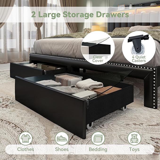 Torana Queen LED Bed Frame with 2 Drawers, PU Leather Upholstered Storage Wingback Headboard Beds, Channel Tufted Platform Bedframe with Rivet Decor, No Box Spring Needed, Black