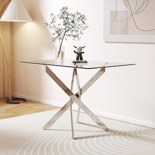 Tempered Glass Dining Table 48 Inch Mordern Rectangular Kitchen Table with Black Metal Legs for Dining Room Kitchen