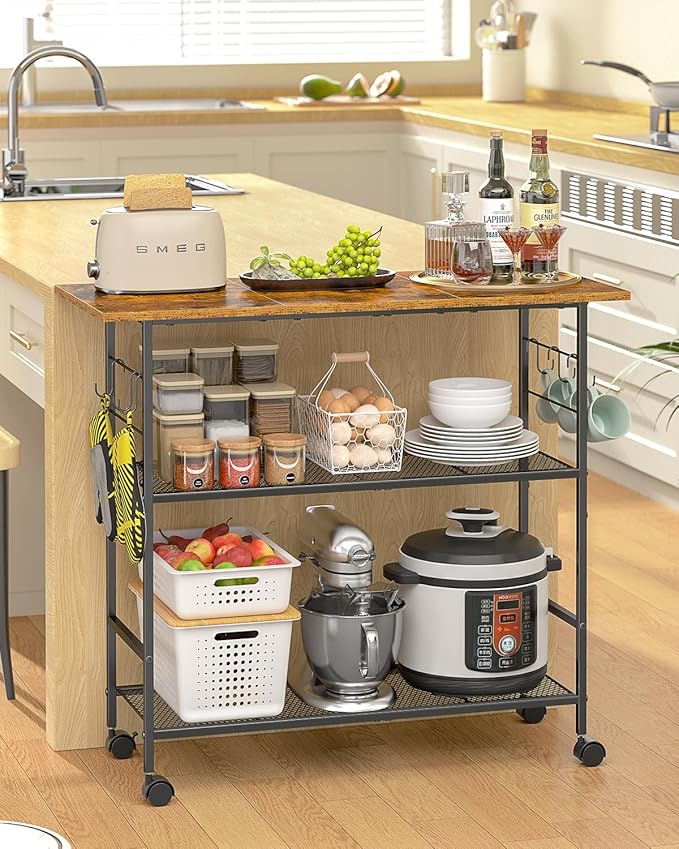 Kitchen Island with 3 Shelves, Rolling Kitchen Cart with 6 Hooks and Protective Shelf, Microwave Stand on Lockable Wheels, Bakers Rack Coffee Bar for Dining, Living Room, Outdoor, Metal Frame