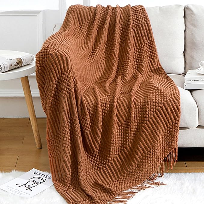 Blagic Knitted Throw Blanket for Couch Soft Farmhouse Boho Throw Blanket with Tassels Home Decorative Lightweight Throw Blankets,Rust Throws for Bed/Sofa, Pineapple Textured, 60" W x 80" L