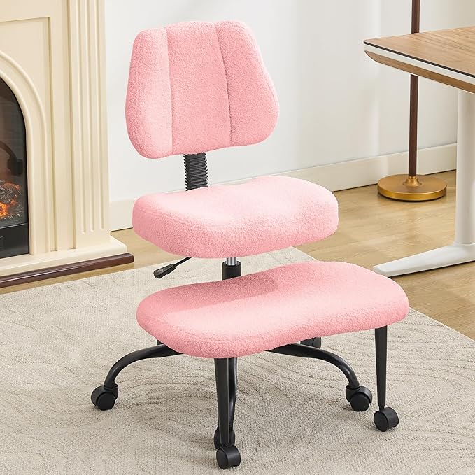 Criss Cross Legged Meditaion Chair,Exquisite Home Office Furniture,Ergonomic Kneeling with Lumbar Support and Adjustable Height Stool,for ADHD Adults,Teddy Fabric (Pink)