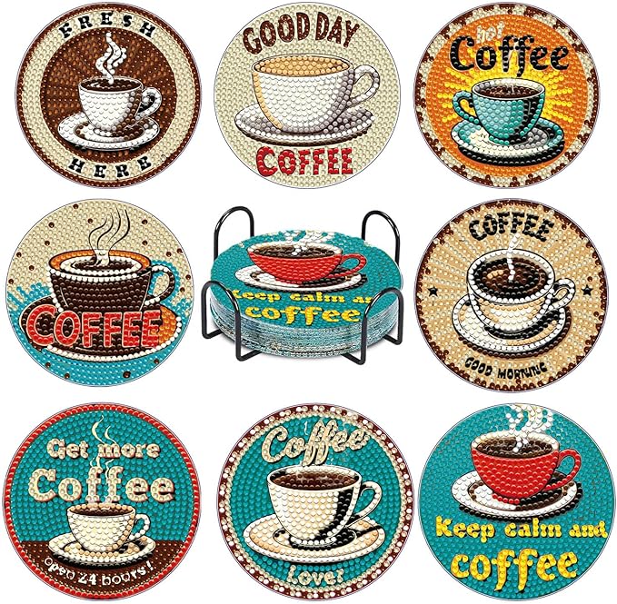 8 PCS Coffee Diamond Art Coasters Kits, Diamond Painting Coasters with Holder Set of 8, DIY Drink Coasters Art Crafts Supplies for Adults Cup Mat for Home Decor House Warming Gifts Non-Slip 3.9inch