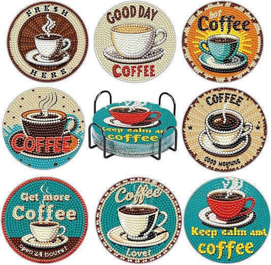 8 PCS Coffee Diamond Art Coasters Kits, Diamond Painting Coasters with Holder Set of 8, DIY Drink Coasters Art Crafts Supplies for Adults Cup Mat for Home Decor House Warming Gifts Non-Slip 3.9inch