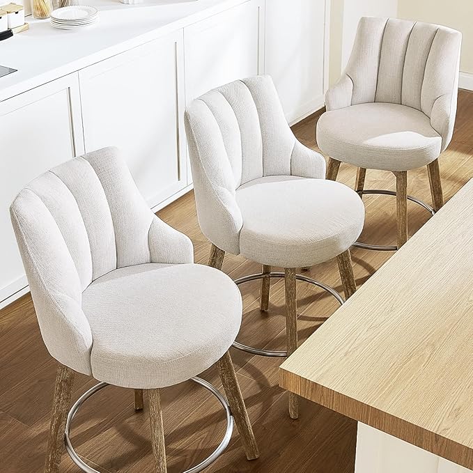 IWOOD Counter Height Bar Stools,Swivel Bar Stools with Backs,Barstools Set of 3,26'' Solid Wood Legs,Thick Seat Upholstered Linen Fabric Counter Height Stools in Beige