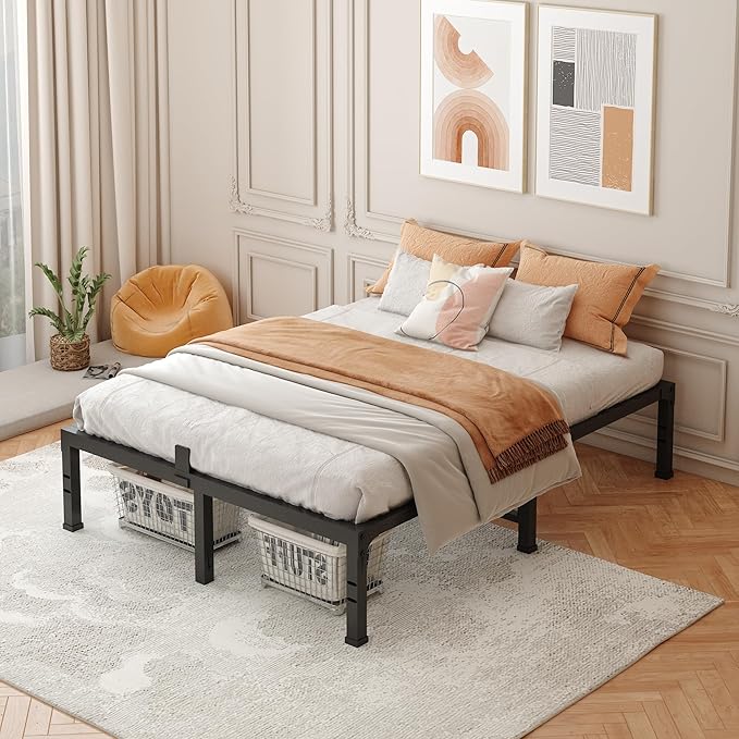FUIOBYVV Queen Bed Frame, 14 Inch Heavy Duty Metal Platform Bed Frame Queen Size Support Up to 3500 lbs, No Box Spring Needed,Headboard Holes,Steel Slat Support,Noise Free,Easy Assembly
