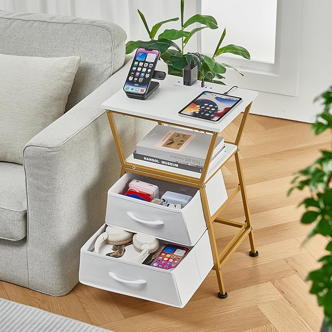 Nightstand with Charging Station, Side Tables for Bedroom with Built-in USB Side Table with 2 USB Ports and Outlets Nightstand with Cloth Drawer End Tables Living Room Sofa Couch