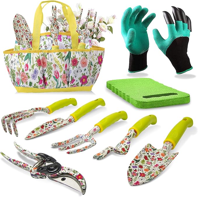 Garden Tool Set 9 Piece Heavy Duty Aluminum Gardening Hand Tools Kit Cute Gardening Supplies with Non-Slip Rubber Grip Gift for Women/Parent