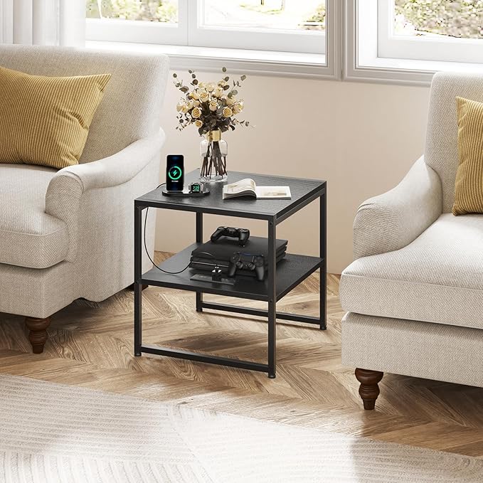 Tatub 20" End Table with Charging Station, Industrial Square Side Table with USB Ports & Outlets, Versatile 2-Tier Small Nightstand for Bedroom Living Room, Black