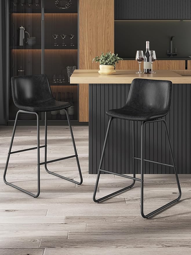 Bar Stools Set of 3, 26 Inches Counter Height Bar Stools with Back, Modern Faux Leather Barstools with Metal Legs and Footrest, Bar Chairs for Kitchens Island (Black)