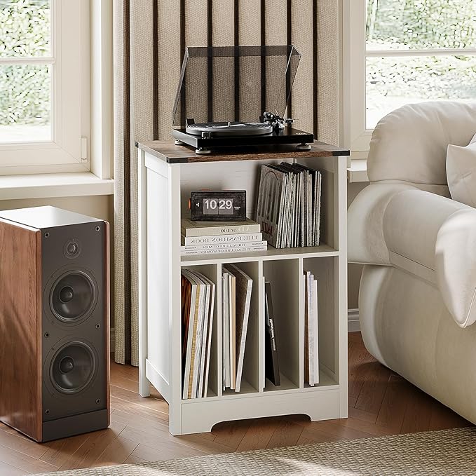 ChooChoo Record Player Stand, Vinyl Record Storage Cabinet, Turntable Stand Holds up to 160 Albums, Record Player Table Display Shelf for Living Room, Bedroom, Office, Rustic White