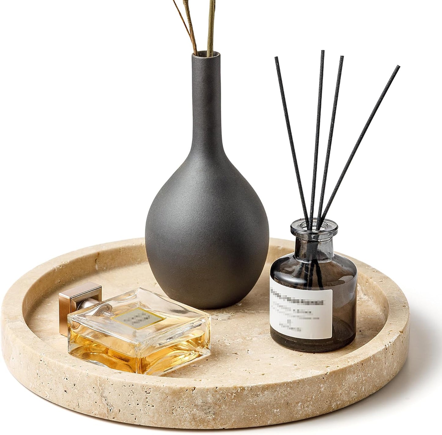 WORHE Natural Marble Vanity Tray for Bathroom Kitchen Dresser, Travertine Stone Decorative Trays for Jewelry, Perfume, Cosmetic, Candle, Round Countertop Storage Organizer for Home Decor Beige (WH019)