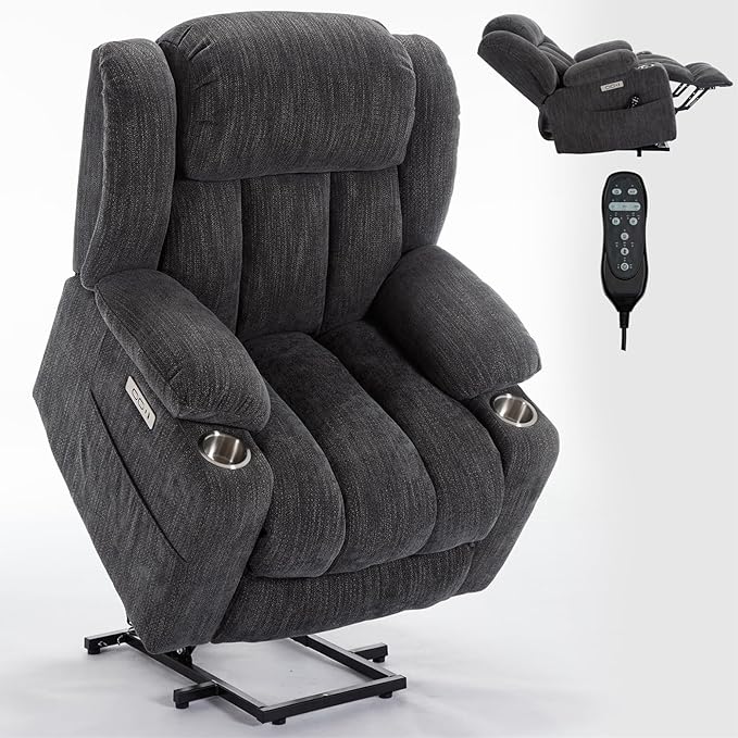 Power Lift Recliner Chair, 350lb Capacity with 8-Point Massage & Heating, USB/Type-C Ports & Cup Holders, Heavy Duty Chenille Recliner for Elderly, Grey